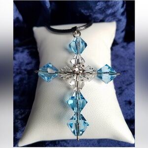 Swarovski Elements Large Aquamarine Cross Pendant Necklace on Black Cotton Cord